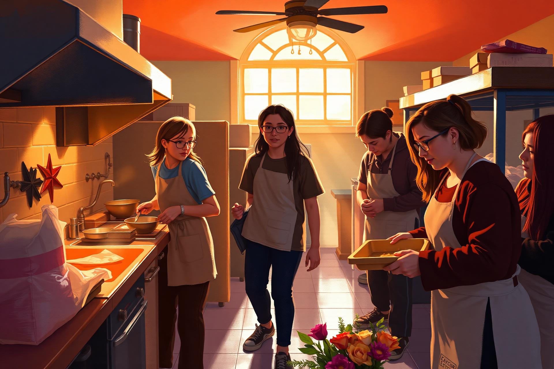 Voluntários preparando uma cozinha e organizando materiais para um retiro do MJD.