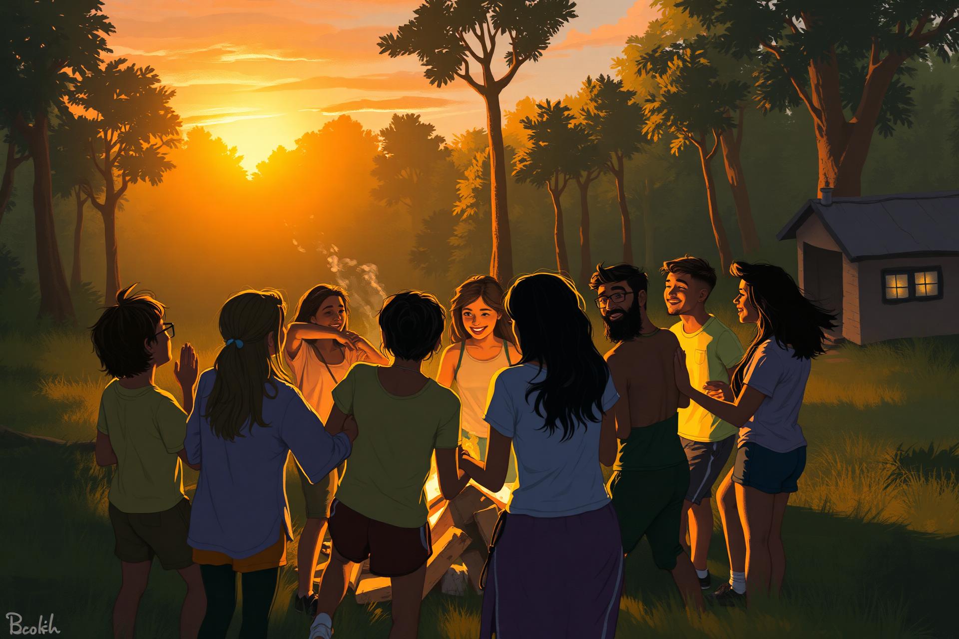 Jovens reunidos ao redor de uma fogueira ao entardecer em um retiro, sorrindo e conversando.