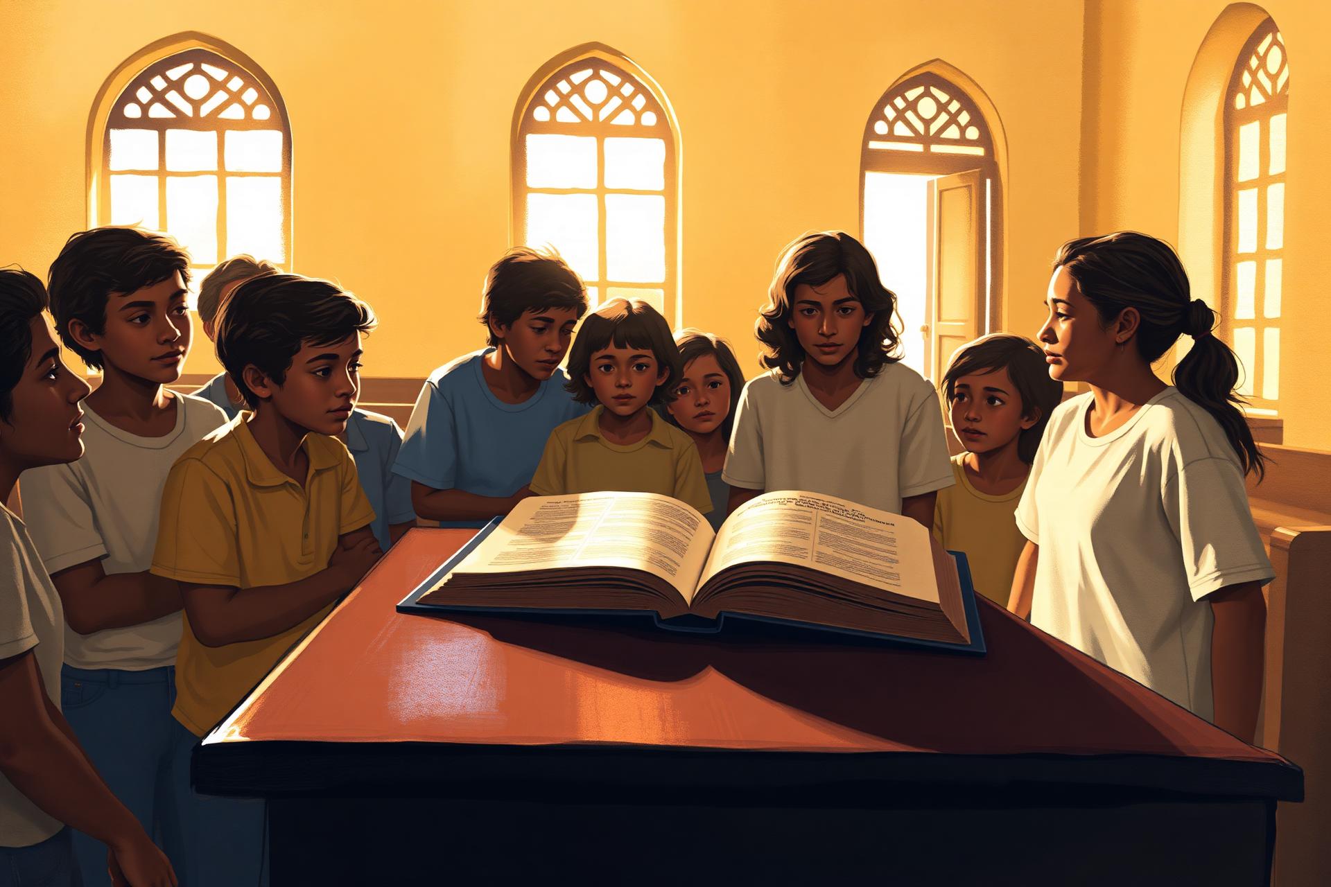 Jovens reunidos ao redor de um livro dourado aberto em uma sala iluminada, remetendo à fundação do MJD em 1975.